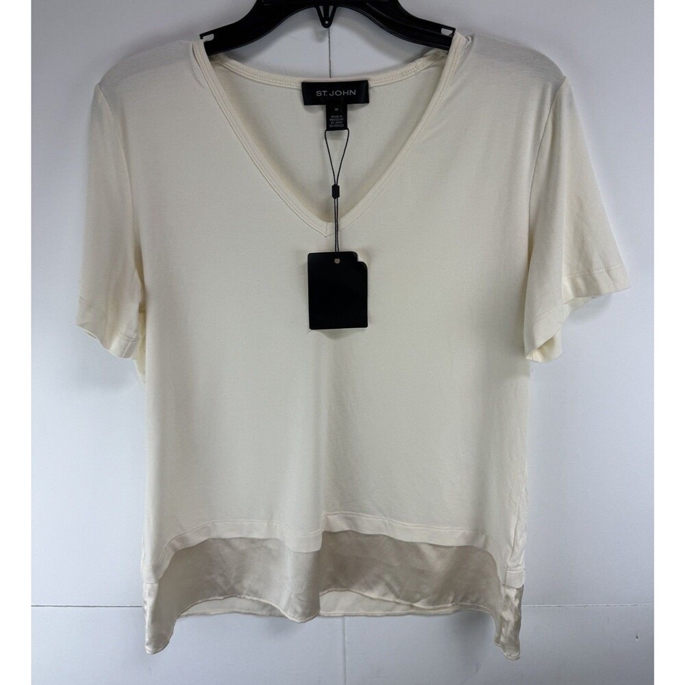 St. John $395 V-Neck Contrast Trim Shirt Top Size: Medium